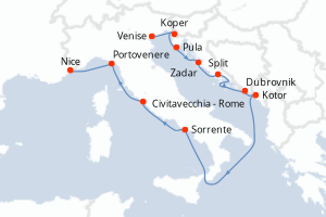 Carte de l'itinéraire de croisière Venise-Nice d'une durée de 11 jours