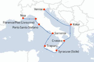 Carte de l'itinéraire de croisière Nice-Venise d'une durée de 11 jours