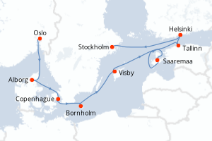 Carte de l'itinéraire de croisière Oslo-Stockholm d'une durée de 9 jours