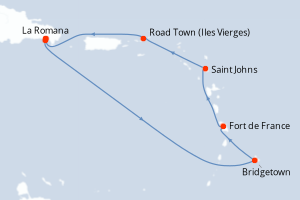 Carte de l'itinéraire de croisière La Romana-La Romana d'une durée de 7 jours