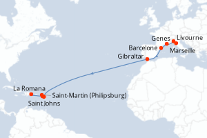 Carte de l'itinéraire de croisière Livourne-La Romana d'une durée de 17 jours