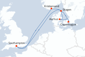 Carte de l'itinéraire de croisière Southampton-Southampton d'une durée de 7 jours