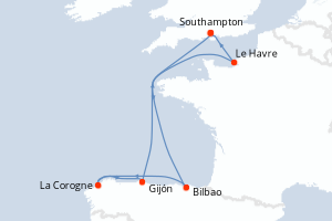 Carte de l'itinéraire de croisière Southampton-Southampton d'une durée de 7 jours