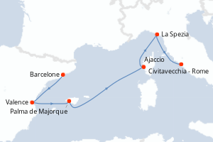 Carte de l'itinéraire de croisière Barcelone-Civitavecchia - Rome d'une durée de 7 jours