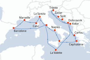 Carte de l'itinéraire de croisière Trieste-Trieste d'une durée de 21 jours