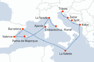 Carte de l'itinéraire de croisière Civitavecchia - Rome-Trieste d'une durée de 14 jours