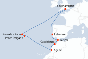 Carte de l'itinéraire de croisière Southampton-Southampton d'une durée de 16 jours