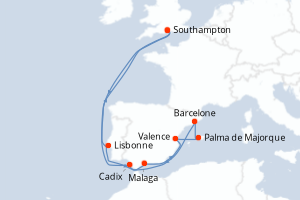 Carte de l'itinéraire de croisière Southampton-Southampton d'une durée de 14 jours