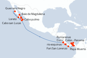 Carte de l'itinéraire de croisière Colon - Panama-Curu d'une durée de 27 jours