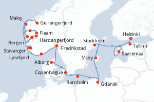 Carte de l'itinéraire de croisière Bergen-Fredrikstad d'une durée de 18 jours