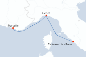 Carte de l'itinéraire de croisière Marseille-Civitavecchia - Rome d'une durée de 2 jours