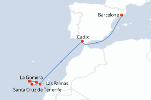 Carte de l'itinéraire de croisière Barcelone-Santa Cruz de Tenerife d'une durée de 7 jours