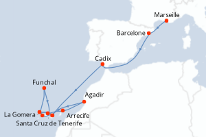 Carte de l'itinéraire de croisière Marseille-Santa Cruz de Tenerife d'une durée de 15 jours