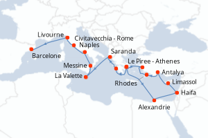 Carte de l'itinéraire de croisière Le Piree - Athenes-Barcelone d'une durée de 21 jours