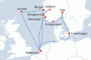 Carte de l'itinéraire de croisière Rotterdam-Rotterdam d'une durée de 14 jours