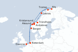 Carte de l'itinéraire de croisière Douvres-Rotterdam d'une durée de 15 jours