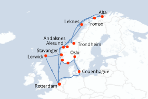 Carte de l'itinéraire de croisière Rotterdam-Rotterdam d'une durée de 21 jours