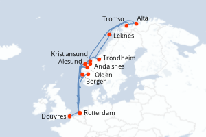 Carte de l'itinéraire de croisière Douvres-Rotterdam d'une durée de 22 jours