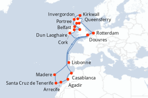 Carte de l'itinéraire de croisière Douvres-Douvres d'une durée de 28 jours
