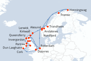 Carte de l'itinéraire de croisière Douvres-Douvres d'une durée de 28 jours