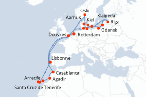 Carte de l'itinéraire de croisière Rotterdam-Rotterdam d'une durée de 28 jours