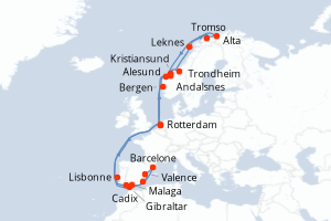Carte de l'itinéraire de croisière Rotterdam-Rotterdam d'une durée de 29 jours