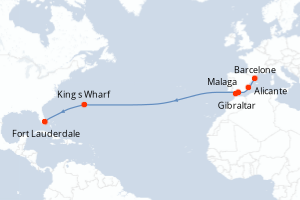 Carte de l'itinéraire de croisière Barcelone-Fort Lauderdale d'une durée de 14 jours