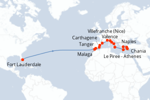 Carte de l'itinéraire de croisière Fort Lauderdale-Le Piree - Athenes d'une durée de 25 jours