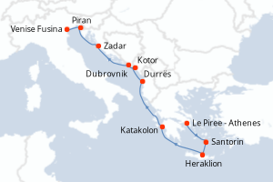 Carte de l'itinéraire de croisière Le Piree - Athenes-Venise Fusina d'une durée de 10 jours