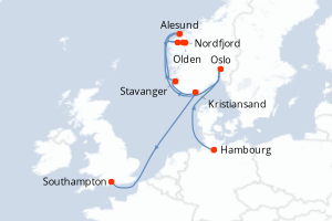Carte de l'itinéraire de croisière Hambourg-Southampton d'une durée de 10 jours