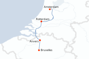 Carte de l'itinéraire de croisière Bruxelles-Amsterdam d'une durée de 5 jours