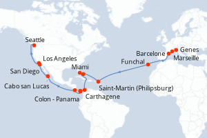 Carte de l'itinéraire de croisière Genes-Seattle d'une durée de 34 jours