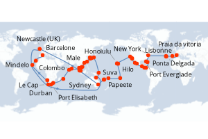 Carte de l'itinéraire de croisière Barcelone-Barcelone d'une durée de 134 jours