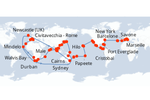 Carte de l'itinéraire de croisière Civitavecchia - Rome-Civitavecchia - Rome d'une durée de 140 jours