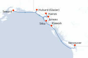 Carte de l'itinéraire de croisière Seward-Vancouver d'une durée de 7 jours