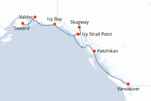 Carte de l'itinéraire de croisière Vancouver-Seward d'une durée de 7 jours