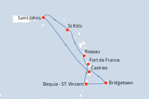 Carte de l'itinéraire de croisière Bridgetown-Bridgetown d'une durée de 8 jours