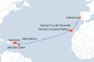 Carte de l'itinéraire de croisière San Juan-Lisbonne d'une durée de 14 jours