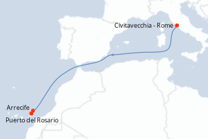 Carte de l'itinéraire de croisière Civitavecchia - Rome-Arrecife d'une durée de 5 jours