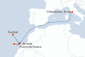Carte de l'itinéraire de croisière Civitavecchia - Rome-Funchal d'une durée de 8 jours