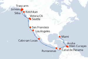 Carte de l'itinéraire de croisière Seattle-Miami d'une durée de 28 jours