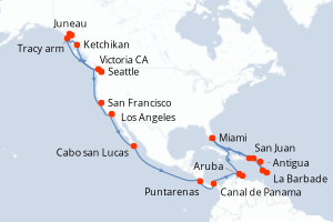 Carte de l'itinéraire de croisière Seattle-Miami d'une durée de 40 jours