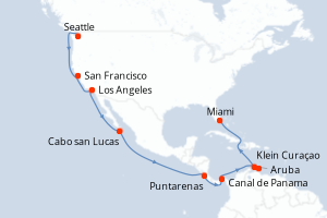 Carte de l'itinéraire de croisière Seattle-Miami d'une durée de 21 jours