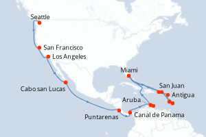 Carte de l'itinéraire de croisière Seattle-Miami d'une durée de 33 jours