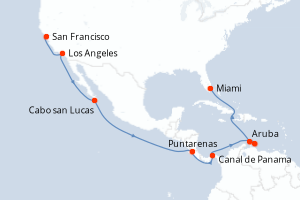 Carte de l'itinéraire de croisière San Francisco-Miami d'une durée de 18 jours