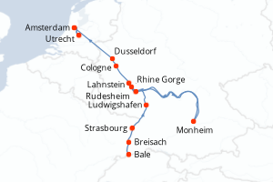 Carte de l'itinéraire de croisière Bale-Amsterdam d'une durée de 7 jours