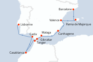 Carte de l'itinéraire de croisière Lisbonne-Barcelone d'une durée de 11 jours