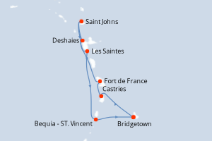 Carte de l'itinéraire de croisière Bridgetown-Bridgetown d'une durée de 7 jours