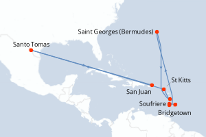 Carte de l'itinéraire de croisière Bridgetown-San Juan d'une durée de 8 jours