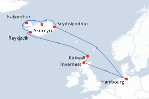Carte de l'itinéraire de croisière Hambourg-Hambourg d'une durée de 12 jours